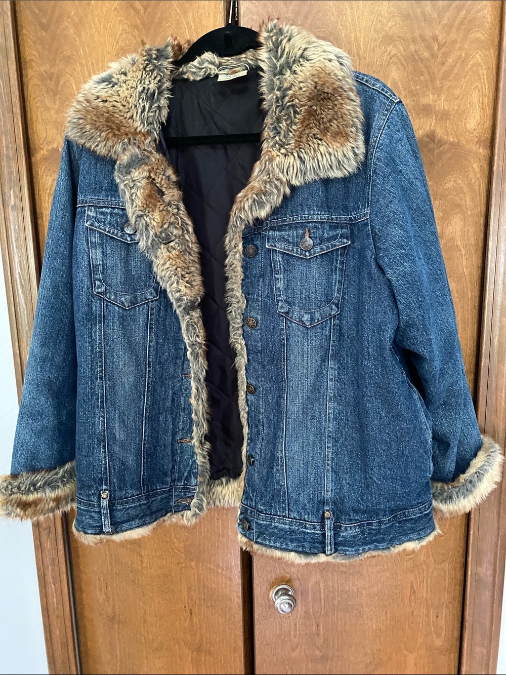 Faux Fur-Lined Denim Jacket - Blue with Brown Faux Fur